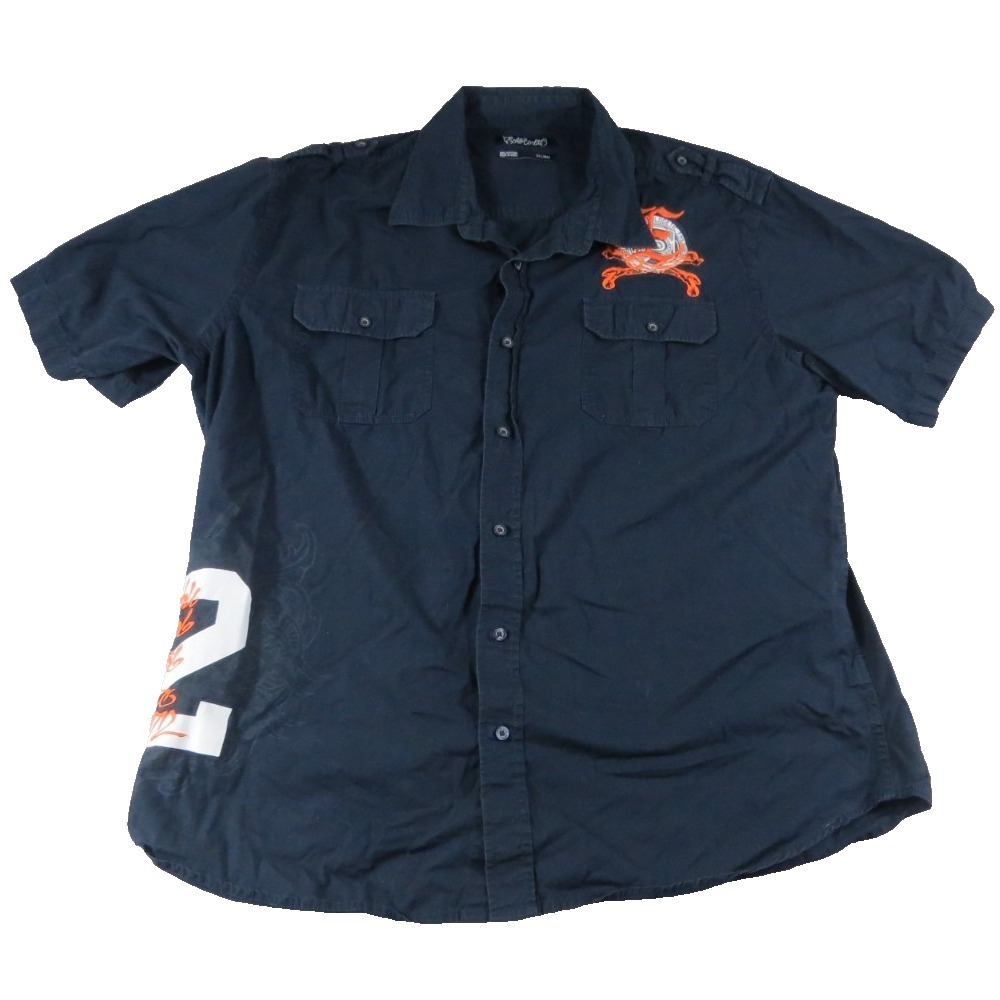 Ecko Unltd Men 2XL Black Orange Graphic Logo Button Front Short Sleeve Shirt EUC